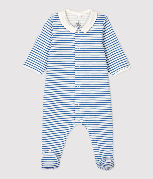 Pelele con cuello a rayas azules de beb&eacute; de algod&oacute;n org&aacute;nico blanco/azul